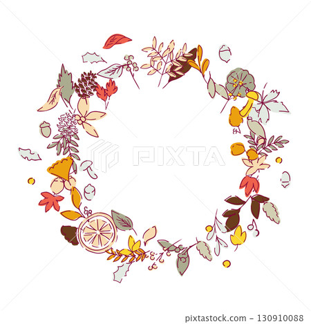 Vector illustration of autumn leaves and nuts. Autumn plant illustration with leaves. Autumn line art background. 130910088