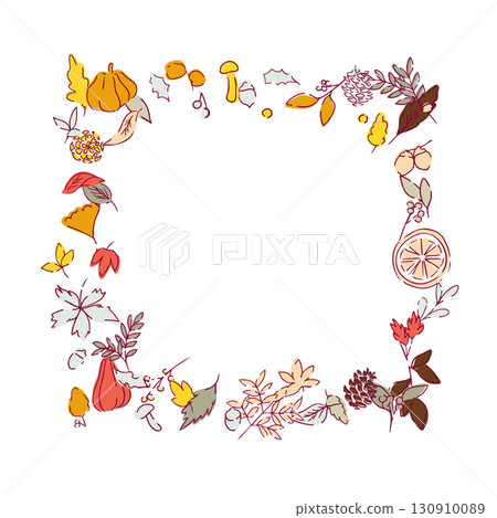 Vector illustration of autumn leaves and nuts. Autumn plant illustration with leaves. Autumn line art background. 130910089