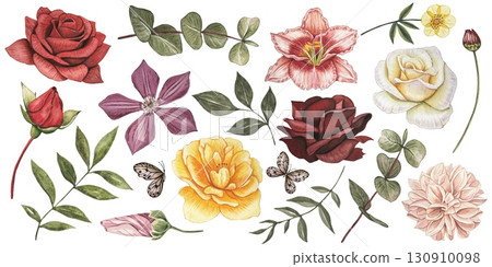 Collection with autumn buds and leaves. Roses, dahlia, clementis, lily, eucalyptus. Watercolor illustration 130910098