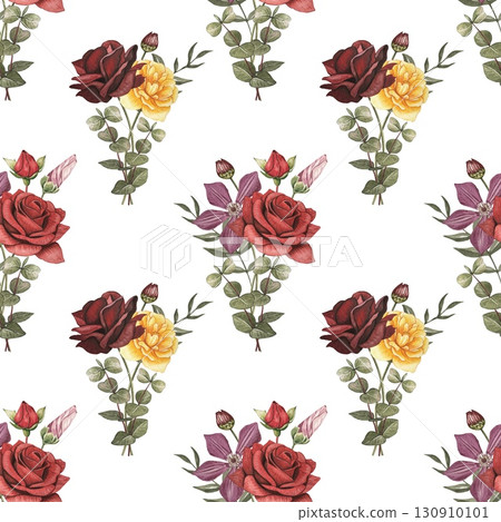 Floral seamless pattern with autumn flowers. Red, burgundy, yellow roses, clementis, leaves. Hand drawn watercolor illustration 130910101