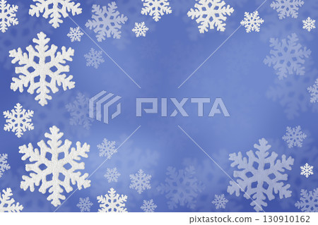 Christmas blue background of white snowflakes flying in the air. Holiday card for New Year and Christmas with space for greetings, labels and your design. 130910162