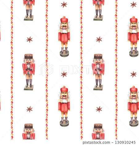 Nutcracker toy with anise star and striped red gold balls garland, beads. Christmas seamless patten, festive ornament wrapping paper. Watercolor hand painted illustration on isolated white background 130910245