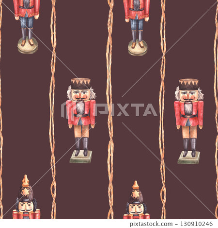 Nutcracker seamless pattern, wooden toy soldier. Watercolor vintage tradition Christmas tree decoration hand drawn illustration. Striped ornament for wallpaper, packing paper. Isolated dark background 130910246