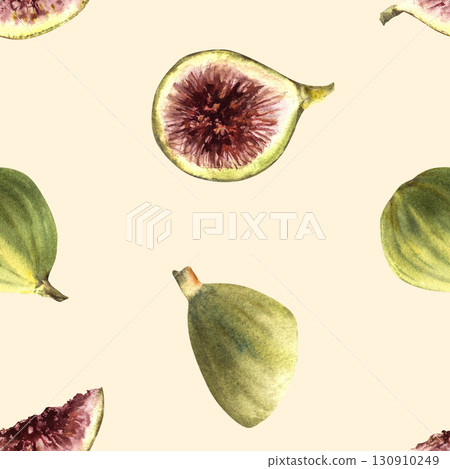 Figs fruit watercolor seamless pattern Sliced and whole green, purple fig fruit. Plant clipart for fabric, wallpaper, farm food labelling. Hand drawn illustration on isolated beige coloured background 130910249