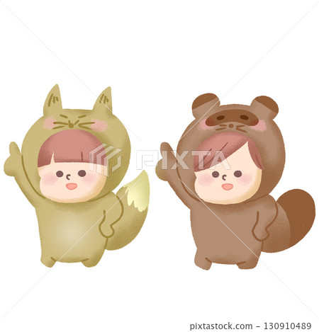 一個扮演狐狸的孩子和一個扮演浣熊的孩子在戲劇中跳舞的插圖 130910489