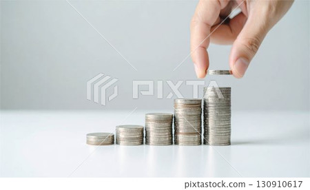 財富不斷增長 一疊硬幣，手把最後一枚放進去 商業成功、金融、投資和儲蓄概念 130910617