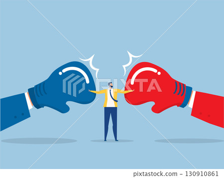 Conflict management,Businessman Mediating a Conflict Between two Businessmen.leadership skill to compromise and solving argument problem, negotiation or stop fighting concept,vector Conflict management,Businessman Mediating a Conflict Between two Businessmen.leadership skill to compromise and solving argument problem, negotiation or stop fighting concept,vector 130910861