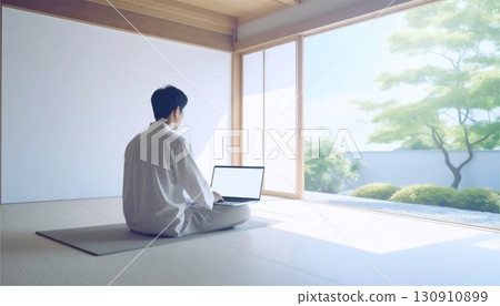 Man working in a relaxed environment. Workcation, digital nomad, free work concept. 130910899