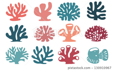 Colorful Coral and Fish Silhouettes Underwater Collection 130910967