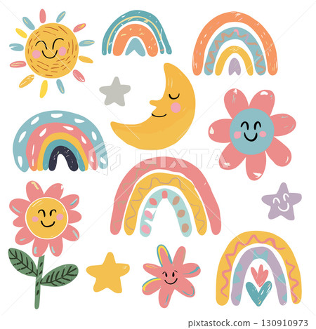 vector Cute Boho Rainbows Sun Moon Stars and Flowers Collection 130910973