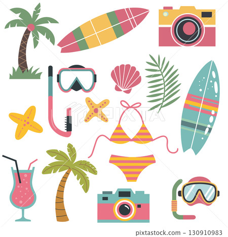 Summer Vacation vector Icons Collection beach sunglasses. Colorful Summer Beach Vacation Elements surfboard bikini.. 130910983