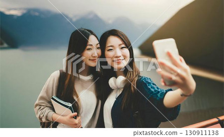 People taking photos with their smartphones with friends. Travel memories, tourism, social media and digital life concept. 130911138
