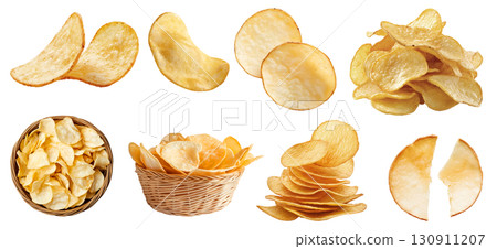 Potato chip chips, many angles and view side top front heap broken pile basket stack on transparent background cutout, PNG file. Mockup template for artwork 130911207