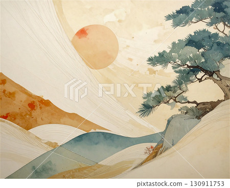 Watercolor illustration of pine trees, abstract golden ripples and mountain dawn Watercolor illustration of pine trees, abstract golden ripples and mountain dawn 130911753
