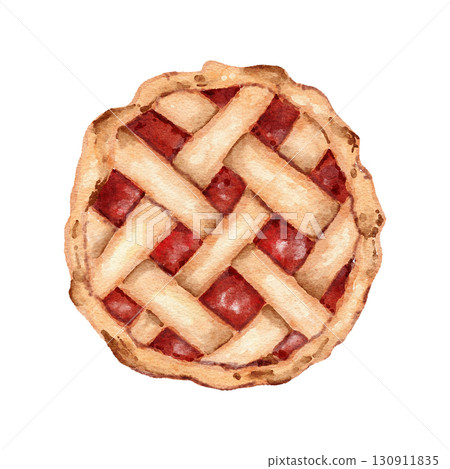 Hand drawn watercolor illustration of lattice pie, fruit berry recioe dessert. Tasty delicious pastry homemeade rustic crus, baked bakery apple filling, thanksgiving table cuisine, dish ingredient Hand drawn watercolor illustration of lattice pie, fruit berry recioe dessert. Tasty delicious pastry homemeade rustic crus, baked bakery apple filling, thanksgiving table cuisine, dish ingredient 130911835