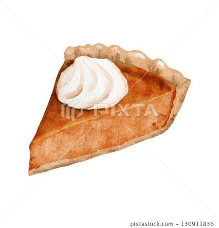 Watercolor hand drawn illustration of orange pumpkin squash pie with cream topping. Traditional dish dessert food for thanksgiving halloween christmas. Baking bakery recipe for dinner cafe party. Watercolor hand drawn illustration of orange pumpkin squash pie with cream topping. Traditional dish dessert food for thanksgiving halloween christmas. Baking bakery recipe for dinner cafe party. 130911836