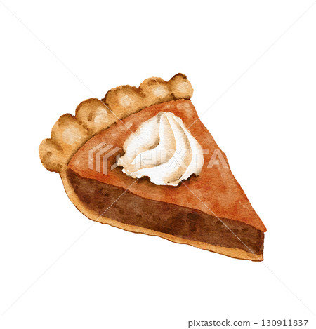 Watercolor hand drawn illustration of orange pumpkin squash pie with cream topping. Traditional dish dessert food for thanksgiving halloween christmas. Baking bakery recipe for dinner cafe party. 130911837