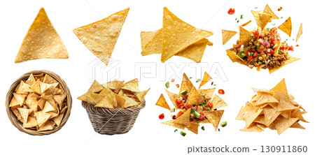 Tortilla corn nacho Chips, many angles and view side top front heap pile basket salsa guacamole beef cheese dip on transparent background cutout, PNG file. Mockup template 130911860