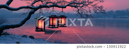 Serene Lanterns by the Lake: Three elegant lanterns cast a warm glow against a serene lake, framed by a frosty tree branch at dusk. The tranquil setting evokes peace and contemplation. 130911922