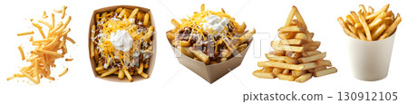 Potato french fries fry, many angles and view side top front heap pile, paper bucket, food tray, fly scattered, chili cheese sour cream on transparent cutout PNG. Mockup template for artwork Potato french fries fry, many angles and view side top front heap pile, paper bucket, food tray, fly scattered, chili cheese sour cream on transparent cutout PNG. Mockup template for artwork 130912105