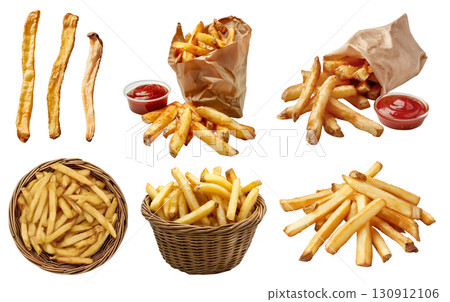 Potato french fries fry, many angles and view side top front heap pile, paper wrap, basket, tomato ketchup on transparent cutout, PNG file. Mockup template for artwork 130912106