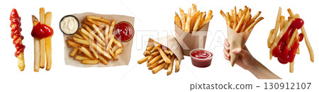 Potato french fries fry, many angles and view side top front heap pile, paper wrap, hand holding, tomato ketchup on transparent cutout PNG file. Mockup template 130912107