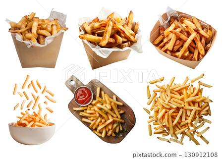Potato french fries fry, many angles and view side top front heap pile bowl, paper plate, wooden serving tray, flying, tomato ketchup on transparent cutout PNG file. Mockup template 130912108