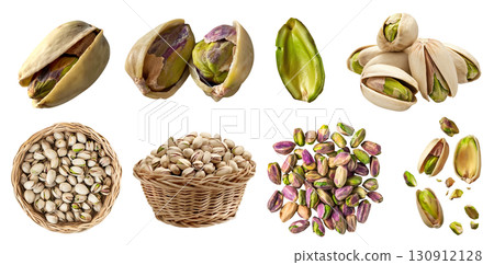 Pistachio pistachios nut seed fruit kernel, many angles view side top pile heap stack, basket, with husk shell, broken pieces isolated on transparent background cutout, PNG. Mockup 130912128