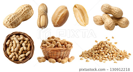Peanuts Peanut groundnut goober pea nut seed fruit vegetable kernel, many angles view side top pile, basket, with hull shell, pieces isolated on transparent cutout PNG. Mockup template Peanuts Peanut groundnut goober pea nut seed fruit vegetable kernel, many angles view side top pile, basket, with hull shell, pieces isolated on transparent cutout PNG. Mockup template 130912218