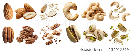 Collection of 4 nut seed fruit kernel, Almond, Cashew, Pecan, Pistachio, in whole stack and pieces on transparent background cutout PNG. Mockup template Collection of 4 nut seed fruit kernel, Almond, Cashew, Pecan, Pistachio, in whole stack and pieces on transparent background cutout PNG. Mockup template 130912219