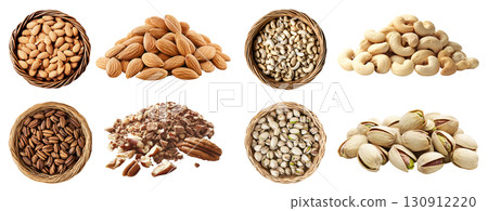 Collection of 4 nut seed fruit kernel, Almond, Cashew, Pecan, Pistachio, in basket pile stack group on transparent background cutout PNG. Mockup template 130912220