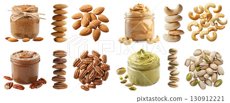 Collection of 4 nut seed fruit kernel set, Walnut, peanut groundnut, Hazelnut cobnuts filberts, Macadamia in jar Butter spread pile stack group on transparent cutout PNG. Mockup template 130912221