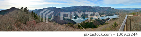 Panoramic photo of the Tanzawa Mountains and Lake Miyagase from the observation deck at the summit of Mount Takatori in Tanzawa 130912244