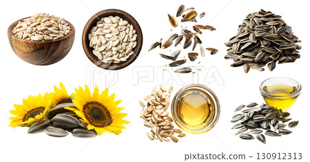 Sunflower seeds seed nut fruit kernel, many angles view pile heap bowl stack, fly scattered, cooking essential oil, shell husk, raw isolated on transparent cutout, PNG. Mockup template 130912313