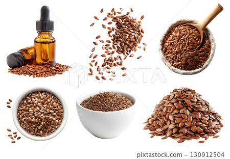 Flaxseed flax oil seeds seed nut fruit plant, many angles and view side pile stack group, essential oil, bowl, fly pieces, isolated on transparent cutout, PNG. Mockup template Flaxseed flax oil seeds seed nut fruit plant, many angles and view side pile stack group, essential oil, bowl, fly pieces, isolated on transparent cutout, PNG. Mockup template 130912504