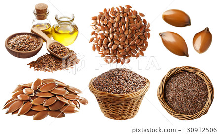 Flaxseed flax oil seeds seed nut fruit plant, many angles view pile heap stack, essential oil, basket, scoop, raw, isolated on transparent cutout, PNG. Mockup template 130912506