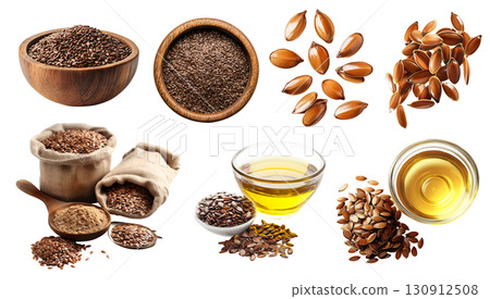 Flaxseed flax oil seeds seed nut fruit plant, many angles and view side pile stack group, essential cooking oil, bowl, fly, burlap sack, isolated on transparent cutout, PNG. Mockup template Flaxseed flax oil seeds seed nut fruit plant, many angles and view side pile stack group, essential cooking oil, bowl, fly, burlap sack, isolated on transparent cutout, PNG. Mockup template 130912508