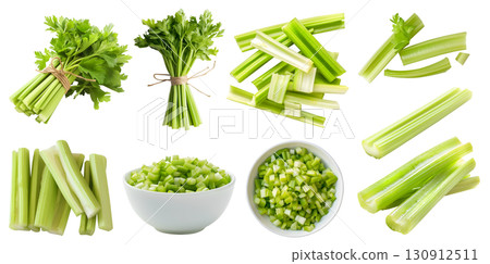 Celery celeries vegetable plant stem stalk, many angles view side top front pile stack, bowl, slice chop, bundle isolated on transparent cutout, PNG file. Mockup template 130912511