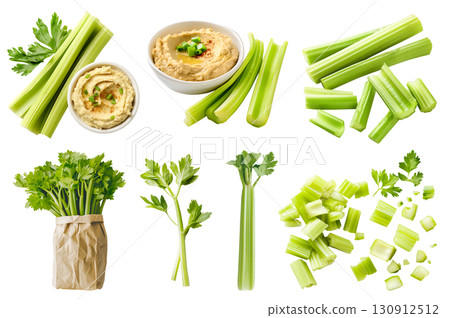 Celery celeries vegetable plant stem stalk, many angles view side top front, with hummus, slice chop paper wrap bundle isolated on transparent cutout, PNG file. Mockup template Celery celeries vegetable plant stem stalk, many angles view side top front, with hummus, slice chop paper wrap bundle isolated on transparent cutout, PNG file. Mockup template 130912512