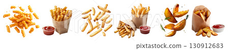 Collection of 3 potato fry chips, Potato wedges, french fries, Crinkle cut wavy in stack pile, packet paper wrap ketchup, fly scattered on transparent cutout PNG. Mockup template 130912683