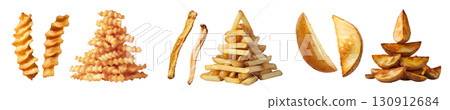 Collection of 3 potato fry chips, Potato wedges, french fries, Crinkle cut wavy in whole stack pile on transparent background cutout PNG. Mockup template 130912684