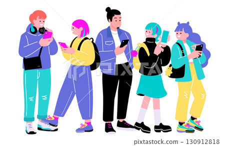 Pop and colorful illustration of young people of Generation Z holding smartphones Pop and colorful illustration of young people of Generation Z holding smartphones 130912818
