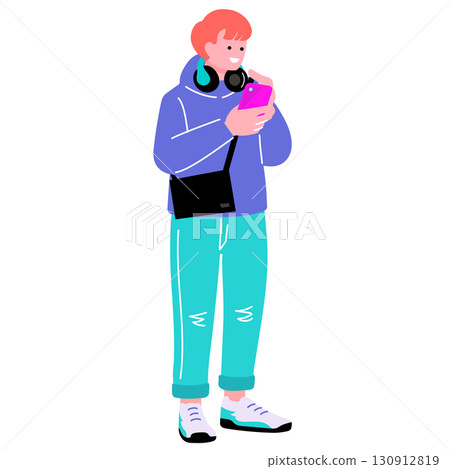 Pop and colorful illustration of a young man of Generation Z holding a smartphone 130912819