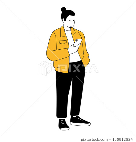 Illustration of a man holding a simple touch smartphone 130912824