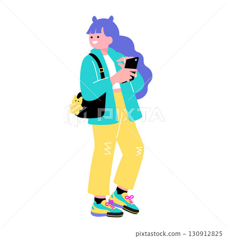 Pop and colorful illustration of a young woman of Generation Z holding a smartphone Pop and colorful illustration of a young woman of Generation Z holding a smartphone 130912825