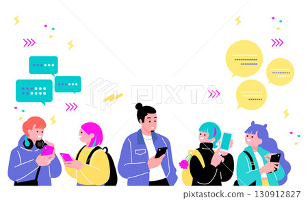 流行且色彩鮮豔的 Z 世代年輕人手持智慧型手機的插圖 130912827