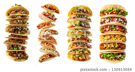 Collection of tall stack of Mexican hard soft shell tacos tortilla, with different ingredients salsa beef cheese chicken seafood, transparent background cutout PNG. Mockup template Collection of tall stack of Mexican hard soft shell tacos tortilla, with different ingredients salsa beef cheese chicken seafood, transparent background cutout PNG. Mockup template 130913084