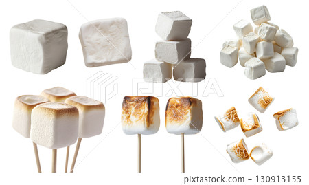 White fluffy marshmallow toasted, melted, on stick, sweet dessert on transparent cutout PNG. Many assorted different angles, stack, fly pile. Mockup template 130913155