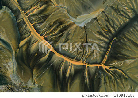 Aerial view of acid mine water drainage flow, toxic mine waters polluting the environment. Rosia Montana, Romania Aerial view of acid mine water drainage flow, toxic mine waters polluting the environment. Rosia Montana, Romania 130913193