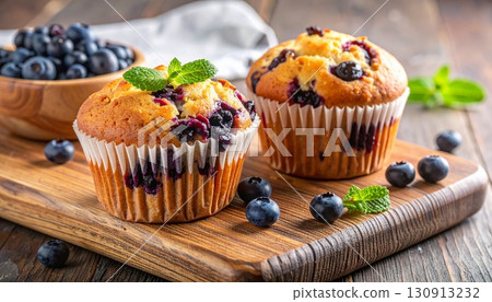 Homemade blueberry muffins with fresh mint leaves and juicy blueberries on a white background 130913232